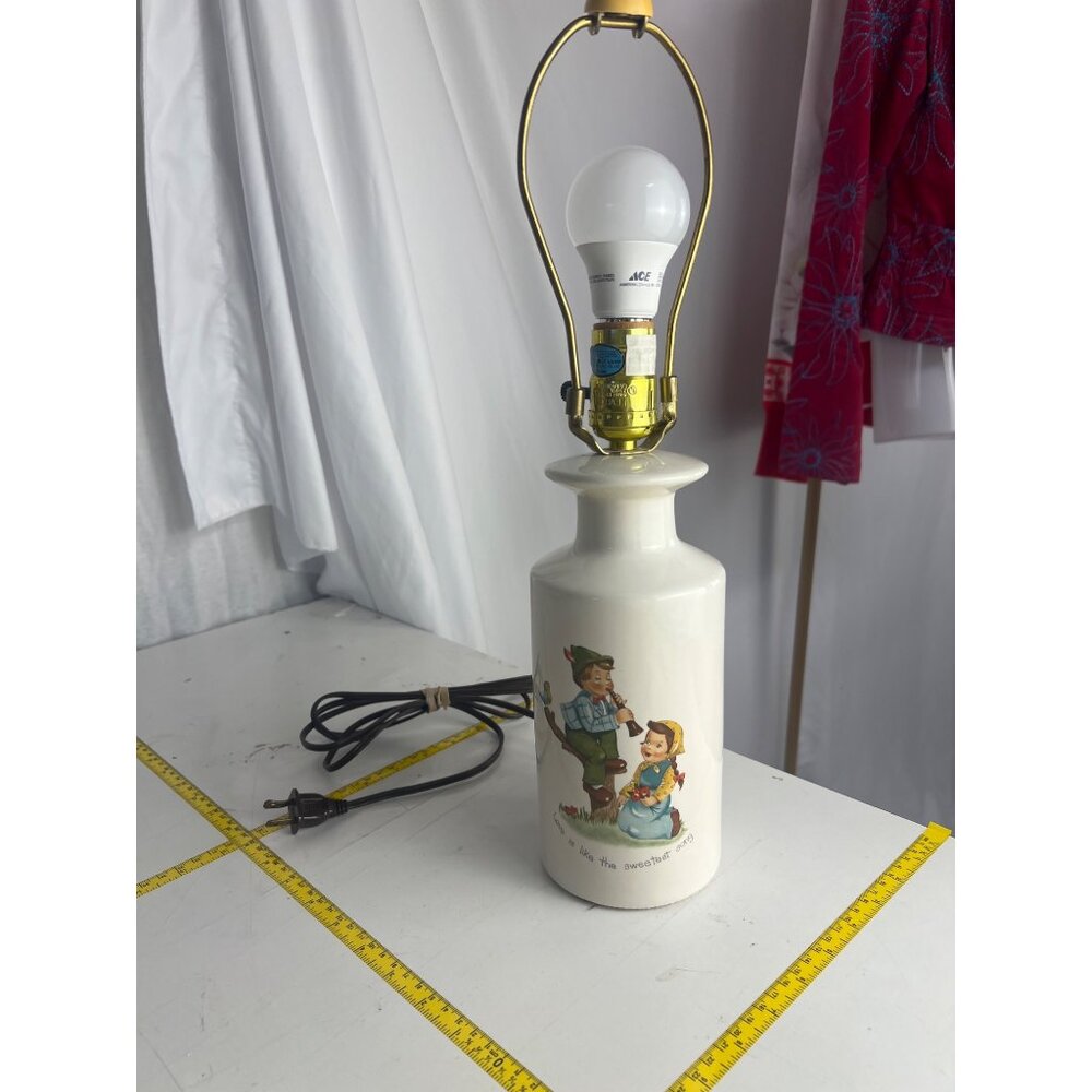 Vintage Ceramic Folk Art Table Lamp With "Love Is Like The Sweetest Song" Graphi